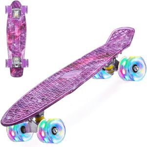 ERNAN 22 inch Skateboards for Kids,Cruiser Skateboard,Skateboards for Kids Teens Adults & Beginners, PU LED Flashing Wheels with All-in-One Skate T-Tool (Purple)