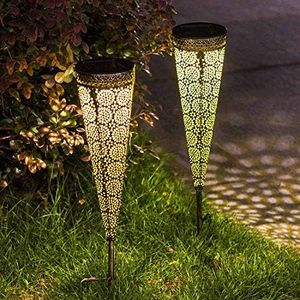 [2 Pack] Solar Pathway Lights. Outdoor Metal Decorative Stakes are Waterproof. Suited for Garden, Yard, Lawn, Patio, Walkway