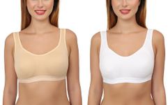 GLAMORAS Cotton Polyester Non-Padded Bra Full Coverage U-Neck Sports Bra for Women and Girls Teenager Gym Workout Bra (Pack of 2) - White and Beige 34