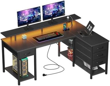 Seventable 140cm L Shaped Gaming Desk with LED Lights, USB Ports, Power Outlets, Monitor Stand & Storage Drawers(Reversible Design) – Corner Computer Desk for Bedroom or Home Office, Black