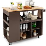 COSTWAY Large Kitchen Island on Wheels, Mobile Serving Trolley Cart with Rubber Wood Top, 4 Adjustable Shelves, Drawer, Spice Racks & Towel Rack, Utility Storage Cart for Kitchen Dining Room (Brown)