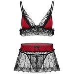 iEFiEL Men's Sissy 3 Pieces Lingerie Set Ruffled Lace Crop Top Girly Skirted Panties Nightwear Burgundy L