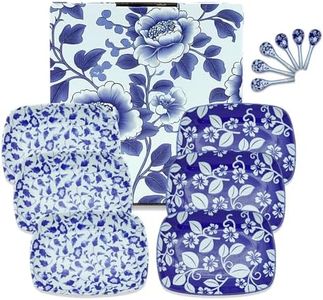 KeQiu Ceramic Appetizer Plates Set with Spoons, 8 Inch Rectangular Sushi Plates Set of 6, Plates for Pasta, Salad and Steak, Dishwasher & Microwave Safe, Floral & Striped + Floral & Grassed Pattern