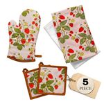 Muldale Oven Glove and Tea Towel Set 5 Pack - Somerset Strawberry Tea Towels and Pot Holders for Kitchen - Cute Strawberry Kitchen Decor - Soft and Absorbent - Kitchen Mittens