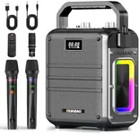 HUABAO Karaoke Machine, Bluetooth Speaker with 2 Wireless Microphones, Portable PA System with Lights & Treble/Bass Adjustment, 6600mAh High-Capacity Rechargeable Battery, for Party, Speech, Events