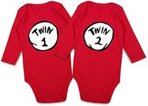 DEFAHN Funny Twins Baby Bodysuits Boys Girls Rompers 2 Pack Twin Matching Clothes Outfits for Newborn Infant, Twin1-2 Long Sleeve Red, 0-3 Months