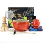 TEANAGOO Japanese Tea Set (7pcs) Matcha Whisk Set Matcha Bowl with Pouring Spout Bamboo Matcha Whisk (Chasen) Scoop (chashaku) Matcha Whisk Holder Tea Making Kit. N19, Red, Matcha Green Tea Powder