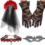 NAUZE 4 Pieces Day of the Dead Halloween Costume Set Gothic Bride Veil Ladies Rose Necklace Lace Eye Mask Lace Gloves for Halloween Adults Costume Accessory(Red)