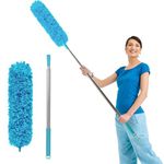 Extendable Feather Duster, Bendable Microfiber Duster with Extra Long Telescopic Extension Pole and Soft Silicone Cap, Washable Duster for Cleaning Roof, High Ceiling Fan, Blinds (1PCS-sky blue)