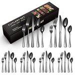 30 Piece Cutlery Set, Knife, Fork, Spoon, Tableware Cutlery Service for 6, Stainless Steel Sets High-Grade Mirror Polishing Cutlery Set (Black)