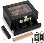 Tesonway Cigar Humidor, Cedar Wood Humidor Cigar Box, Glass Top Desktop Humidor with Front Hygrometer, Humidifier, Divider, Accessories Drawer and Combination Lock, Cigar Gifts for Men (Black)