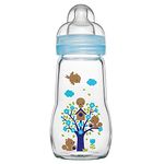 MAM Feel Good Glass Bottle Pack of 1 (1 x 260 ml), MAM Bottle with Medium Flow MAM Teats Size 2, Newborn Essentials, MAM Baby Bottles for 2+ Months, Blue