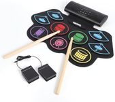 Wireless 9 Pad Roll Up Electronic Drum Set, Dual Stereo Speakers, App Learning, Recording, Drum Sticks & Pedals, Headphone Jack, 9 Panel Wireless Portable External Electronic Drum