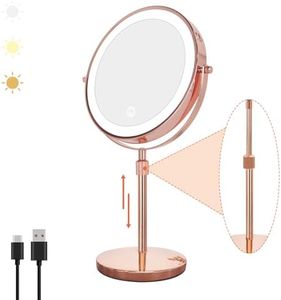 Nicesail LED Make up Mirror with Lighting, Magnifying Mirror with 3 Color Dimmable Lights, Height Adjustable Stand up 360°Rotation Double Sided, Rose Gold (8 Inch, 10X)