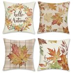 Bonhause Hello Autumn Cushion Covers 45 x 45 cm Fall Leaves Wreath Plaid Decorative Pillow Covers Polyester Linen Pillowcases for Sofa Bed Home Garden Outdoor Decor Set of 4