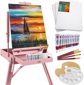 Best Choice Products Art Easel for Painting, Portable Wooden Adjustable Artist Tripod with Sketch Box, 32-Piece Art Set with Acrylic Paints, Brushes, Canvases & Palette - Pink