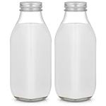 Widousy 2 Pack 32Oz/1L Glass Drinking Bottles with Lid, Reusable Milk Container for Refrigerator, Bottles for Juice, Oat or Plant Milks, Water, Honey