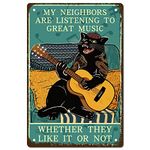 CREATCABIN Cat Guitar Metal Tin Sign Rock Music Iron Sign Posters Retro Vintage Waterproof My Neighbors Are Listening To Great Music for Wall House Home Cafes Bar Pub Gift Plaque Decor 8x12Inch