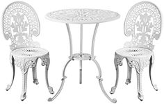 LI LIVSIP 3 Piece Patio Bistro Set - Outdoor Table and Chairs Set of 2 Cast Aluminum with Parasol Hole, Antique Furniture for Terrace Courtyard Garden, Crown Pattern White