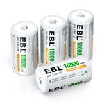 EBL D Rechargeable Batteries, 1.2V NiMH D Battery, 1500 Cycle Life, 10000mAh High Capacity, Included Battery Case (Pack of 4)