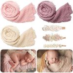 3 Set Newborn Photography Props Wrap Kit, Baby Photoshoot Props Wraps,Baby Photo Props Girls Outfits Pearl Headband Wrap Blanket for Infant Toddler