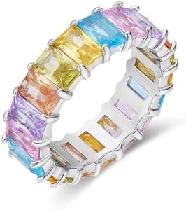 AFFY Eternity Rainbow Ring 18K White Gold Plated Emerald-Cut Multi Color AAA Created-Gemstone Rainbow Ring, Stackable Ring, Wedding Band for Women Gift For Her (Ring 1, Size 5)