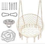 Hammock Chair, Cotton Rope Hanging Swing Chair with Hanging Hardware Kit, Egg Chair, Chaise Suspendue for Indoor, Outdoor, Bedroom, Patio, Deck, Garden, Yard, Max Weight 265 Lbs