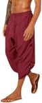 Gafeng Mens Linen Harem Capri Pants Drawstring 3/4 Shorts Casual Beach Yoga Hippie Thai Pants, Burgundy, Medium