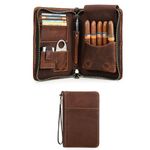 Hiram Cigar Travel Case, Genuine Leather Cigar Humidor Hold 5 Cigars Portable Cigar Box with Cigar Cutter Lighter Pocket, Multifunctional Humidor Bag with Cards Slot, Cellphone Pocket (Brown)