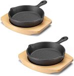 Navaris Mini Cast Iron Skillet with Wooden Base (Set of 2) - Cast Iron Frying Pan Mini Skillet with Protective Wood Base - Heavy Duty Metal Skillet Weighing 426g