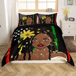 Cool Black Girls Comforter Cover Vintage American Flag Bed Set, American African Girl Duvet Cover King Size Sunflower Floral King Bedding Set, Rainbow Stripe Bedspread Cover 3-Piece (Black Reversible)