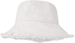 Frayed-Edge-Bucket-Hat Distressed-Bucket-Hat-for-Women Men Teens Girls- Floppy Wide-Brim Beach-Sun-Hat, White, Medium-Large