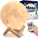 Mind-glowing 3D Moon Lamp - 16 LED Colors, Dimmable, Rechargeable Night Light (Standard, 4.7in) with Wooden Stand, Remote & Touch Control - Nursery Decor for Your Baby, Birthday Gift Idea for Women