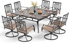 PHI VILLA 9 Piece Outdoor Dining Set for 8, Square Metal Table (60") with Umbrella Hole and Swivel Chairs with Cushions– Perfect for Patio, Garden, Deck, Porch, and Backyard