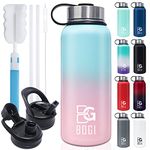 BOGI 32oz Insulated Water Bottle, Double Wall Vacuum Stainless Steel Water Bottle with Straw and 3 Lids, Sweat-Proof Wide Mouth Metal Water Bottle Keeps Hot or Cold for Sports Gym Office (Blue Pink)