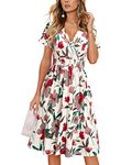 VOTEPRETTY Women's Short Sleeve V Neck Wrap Summer Dress Midi Casual Floral Sundress with Pockets(Floral28,L)