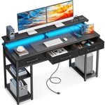 ODK Computer Desk with Fabric Drawers and Power Outlet, 55 Inch Home Office Desk with Storage Shelves, Writing Desk with Monitor Stand, Work Study Desk with LED Lights, Black