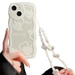 NITITOP Compatible for iPhone 15 Case, Cute Oil Painting Heart Pattern with Love Beaded Lanyard Wrist Strap for Women Girls, Soft TPU Full Protective Cover for iPhone 15-White Heart