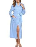 Sykooria Womens Lightweight Cotton Knit V Neck Long Kimono Robes Bathrobe Soft Sleepwear Loungewear Pocket Dressing Gown for Women