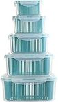 Set of 5 Stackable Freezer Bins, Plastic Food Fresh Keeper Storage Containers Fruit Vegetable Produce Saver Organizer with Lid & Colander for Refrigerators, Cabinets, Countertops & Pantry