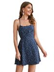 Aahwan Women's Polyester Dark Blue Backless Lace Up Ditsy Floral Printed Mini Cami Dress (186-Darkblue_S)