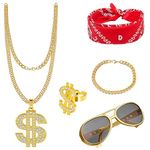 Gold Chain Fancy Dress,80s/90s Fancy Dress Costumes,5 Pcs 90s Hip Hop Accessories Include Fake Dollar Sign Necklace,Ring,Fake Gold Chain /Bracelet,Hippie Rapper Disco Outfit For Rock Star Fancy Dress