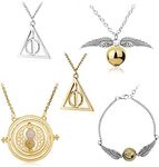 Zaky 5 pcs Rotating Hourglass Triangle Necklace Bracelet Golden Snitch Necklace Jewelry Set for fans Collectibles Merch Gifts Silvery