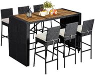 Yaheetech 7 Piece Patio Dining Set Outdoor Acacia Wood Bar Table and Chairs with Removable Cushions, Wicker Furniture Set for Deck, Backyard, Garden, Black/Beige