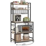 VASAGLE Bakers Rack with Power Outlet, 14 Hooks Microwave Stand, Adjustable Coffee Bar with Metal Wire Panel, Kitchen Storage Shelf, 15.7 x 31.5 x 66.9 Inches, Greige and Black UKKS025B02