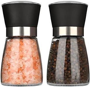 Hotder Pepper Grinder,Salt and Pepper Grinder Set of 2 Glass Bottles PG180,Adjustable Coarseness and Refillable for Home Kitchen,Barbecue,Party and Every Meal(Salt and Pepper not Included),Black