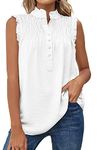 osazic Womens Basic Comfy Soft Ruched Trim Sleeveless Slim Fit Button Down Neck Tee Shirt Blouse White L