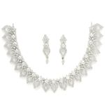 ZENEME Rhodium-Plated American Diamond Studded Floral & Leaf Shaped Necklace With Earrings Jewellery Set For Girls and Women (White)