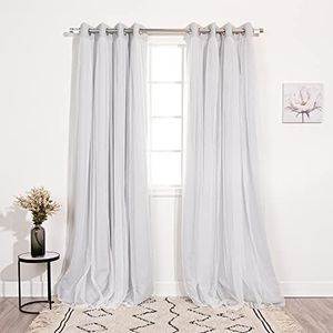 Best Home Fashion Set of 2 Lace Tulle Overlay Thermal Insulated Solid Blackout, Stainless Steel Nickel Grommet Window Panels for Bedroom, Living Room, Dining Room - 52" W x 63" L, Light Grey