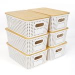 UHAPEER 6Pcs Storage White Plastic Bins with Bamboo lids,Lidded Storage Bins,Stackable Storage Boxes Weaving Wicker Storage Basket Box Containers with Lid and Handle for Kitchen Bathroom25.6x18x10.7cm